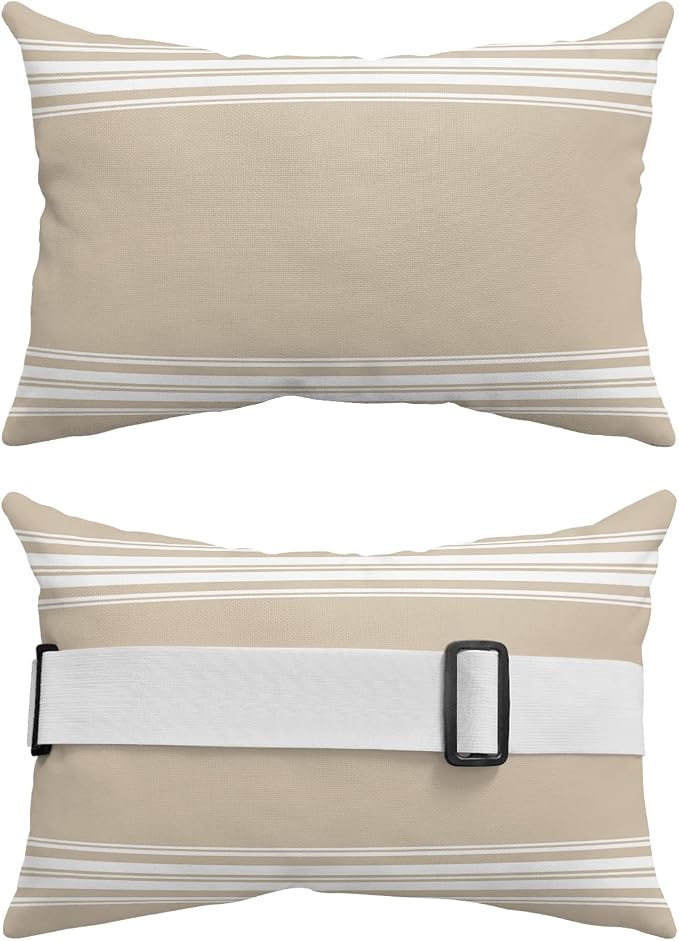 Khaki and White Stripe Lumbar Pillow with Adjustable Strap Outdoor Waterproof Patio Pillow for Couch Beach Pool Office Chair, 12x20in