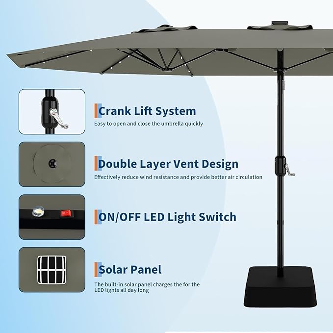 Garvee 15 ft Rectangular Patio Umbrella with Base Included - Large Patio Umbrella with Crank Handle 36 LED Lights, UV Protection for Outdoor Market, Backyard, Deck, Pool, Grey