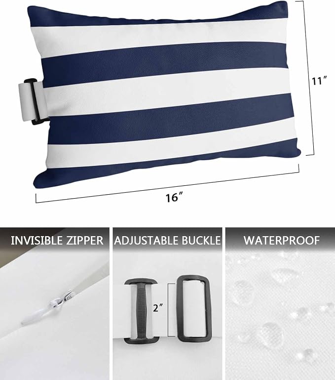 Outdoor Pillow for Chaise Lounge Chair, Simple Stripe Pattern Blue and White Waterproof Headrest Pillow Lumbar Pillows with Adjustable Elastic Strap for Beach, Poolside, Patio, Office (1 Pack)