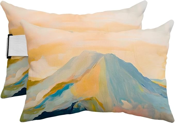 Colorful Mountain Outdoor Pillows for Chaise Lounge Chair Beach Headrest Pillow Set of 2 Waterproof Lumbar Pillows with Insert&Adjustable Strap Farmhouse Abstract Natural Scenery Pool Pillow 12"x20"