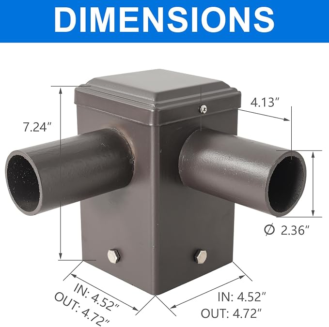 90 Degree Square Horizontal Tenon Adaptor with 2 Arms, Dark Bronze Heavy Duty Steel 4" Square Pole to Tenon, Top Tenon for 2 3/8" Slip Fitter Mount Led Shoebox Light 2 Fixture
