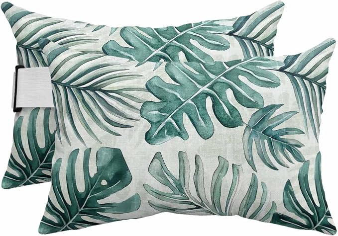 Pack of 2 Outdoor Lumbar Pillow Covers 11x16 Inch, Turquoise Monstera Deliciosa Waterproof Throw Pillow Covers Set, Summer Botanical Tropical Decorative Cushion Cases for Patio Porch Car