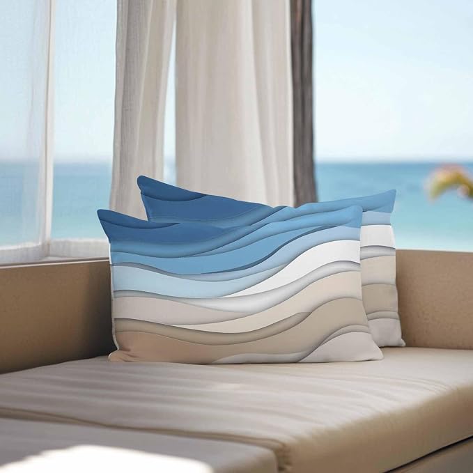 Modern Outdoor Pillow Covers Set of 2,Geometric Line Wave Striped Decorative Waterproof Throw Pillow Case,Minimalist Blue Brown Ombre Gradient Cushion Pillowcases for Couch Garden Patio,20x12In
