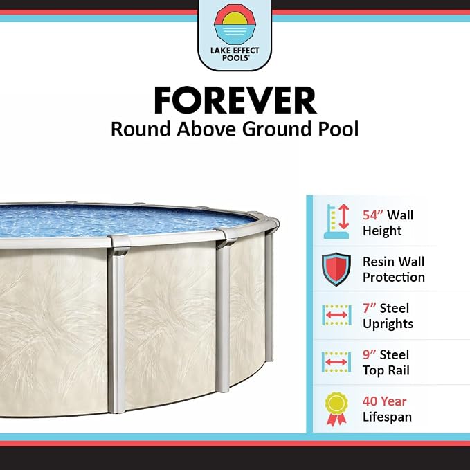 Lake Effect Pools 'Forever' 18 ft Round Above Ground Swimming Pool | 54 Inch Steel Side Walls | Kit Includes: 25 Gauge Overlap Liner & Widemouth Skimmer