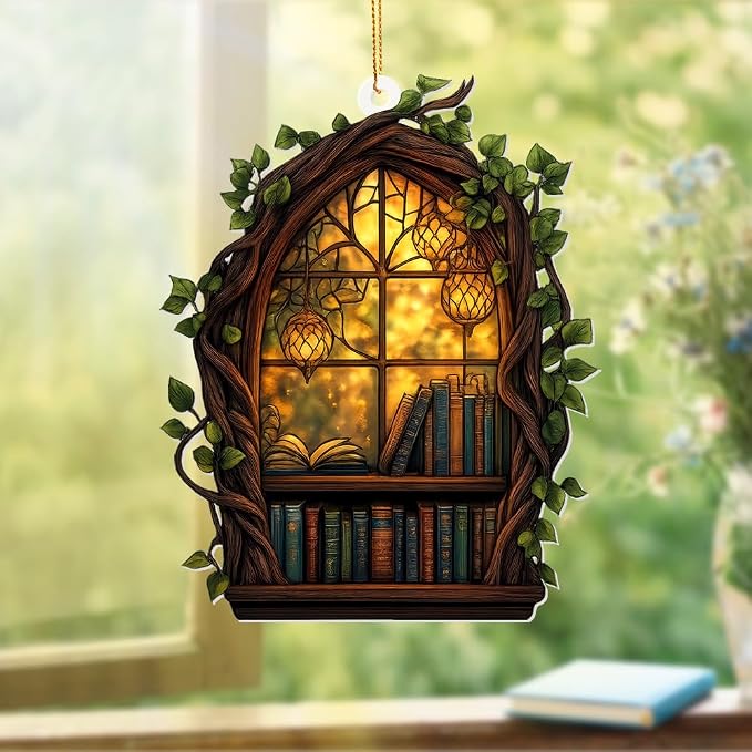 Gothic Window Book Ornament – Stained Glass Style Acrylic Christmas Ornament with Books & Ivy, Fantasy Home Décor, Book Lover Gifts for Women, Teacher & Librarian Holiday Decoration(Sun-19)