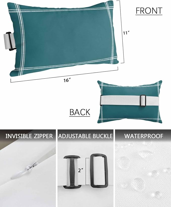 Outdoor Pillow for Lounge Chair with Strap & Insert Solid Color Recliner Head Pillow Turquoise Waterproof Headrest Patio Lumbar Pillows for Beach Pool Office Chaise Chair 11x16 Inch