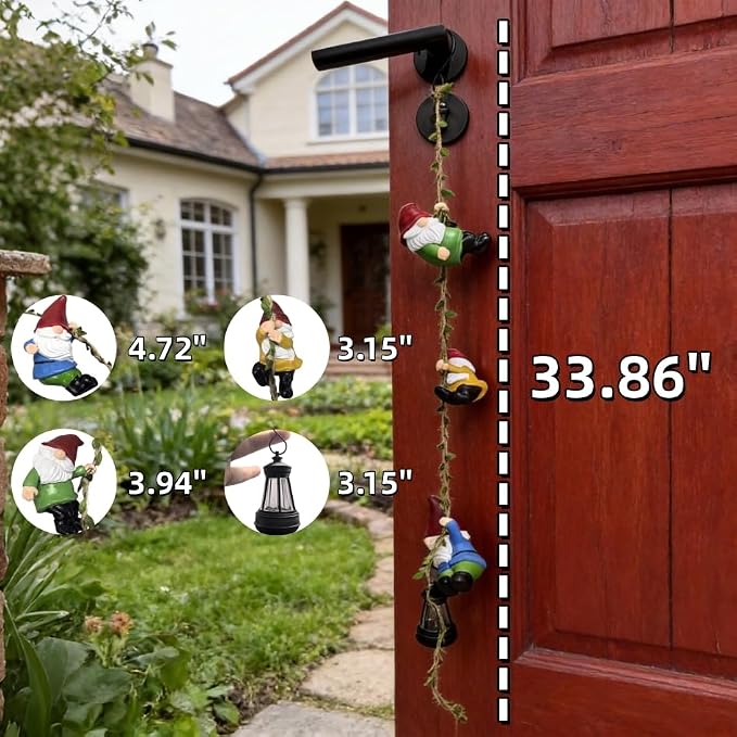 Garden Gnomes Hanging Solar Lights, 3-Pack Climbing Rope Gnome Statues with LED Lantern, Resin Outdoor Decor for Yard Patio Door Tree Fence Wall, Housewarming Gifts for Women Mom Grandma
