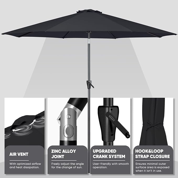 Tempera 10ft Patio Market Outdoor Table Umbrella with Push Button Tilt and Crank, Large Sun Umbrella with Sturdy Pole&Fade Resistant Canopy, Easy to Set, Space Grey