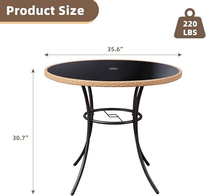 ECOTOUGE 5 Piece Patio Dining Set, Wicker Outdoor Furniture Set w/Glass Table, 4 PCS Chairs w/Waterproof Cushions for Backyard Garden Deck (Grey/Black, Round)