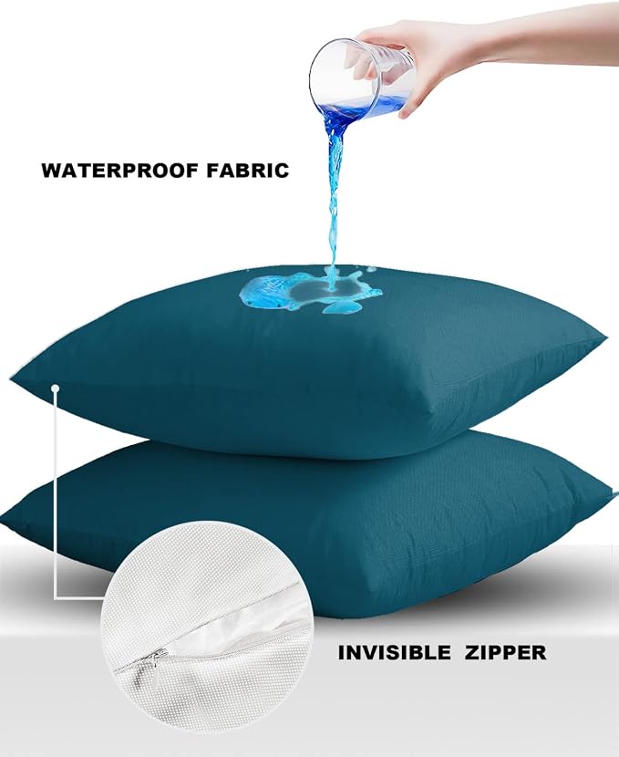 Outdoor Waterproof Throw Pillow Covers Set of 2 Dark Teal Pillowcases 26x26 Inches Solid Green Color Patio Decorative Pillows Cushion Case Patio Pillows for Couch Bed Chair Garden