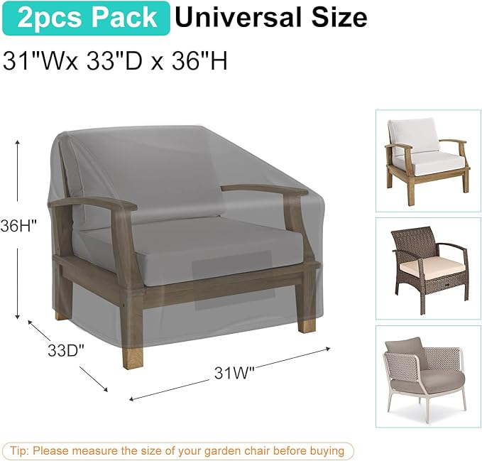 Patio Chair Covers for Outdoor Furniture Waterproof 2 Pack, Lawn Chair Covers 600D Heavy Duty Oxford Cloth, Large Covers for Lounge Lawn Deep Seat Black 31"W×33"D×36"H