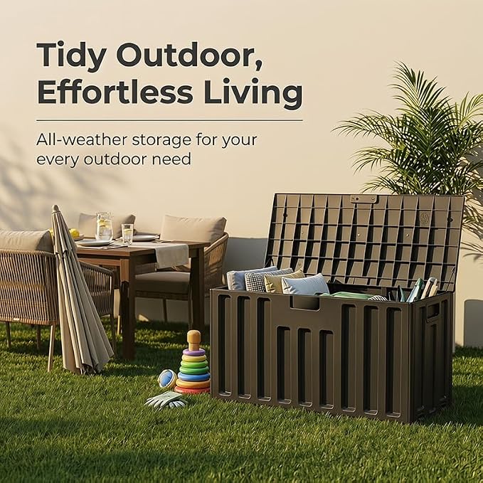 76 Gallon Outdoor Deck Box with Wheels & Lockable Lid - Waterproof UV Resistant Resin Storage Box, Patio Bench Container for Garden Tools, Pool Accessories, Backyard Porch & Patio Cushions (Black)