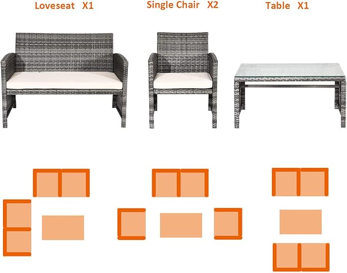 DORTALA 4 Piece Patio Furniture Set, Outdoor Wicker Conversation Set with Soft Cushions & Tempered Glass Coffee Table, Rattan Patio Sofa Bistro Sets for Courtyard Balcony, Beige