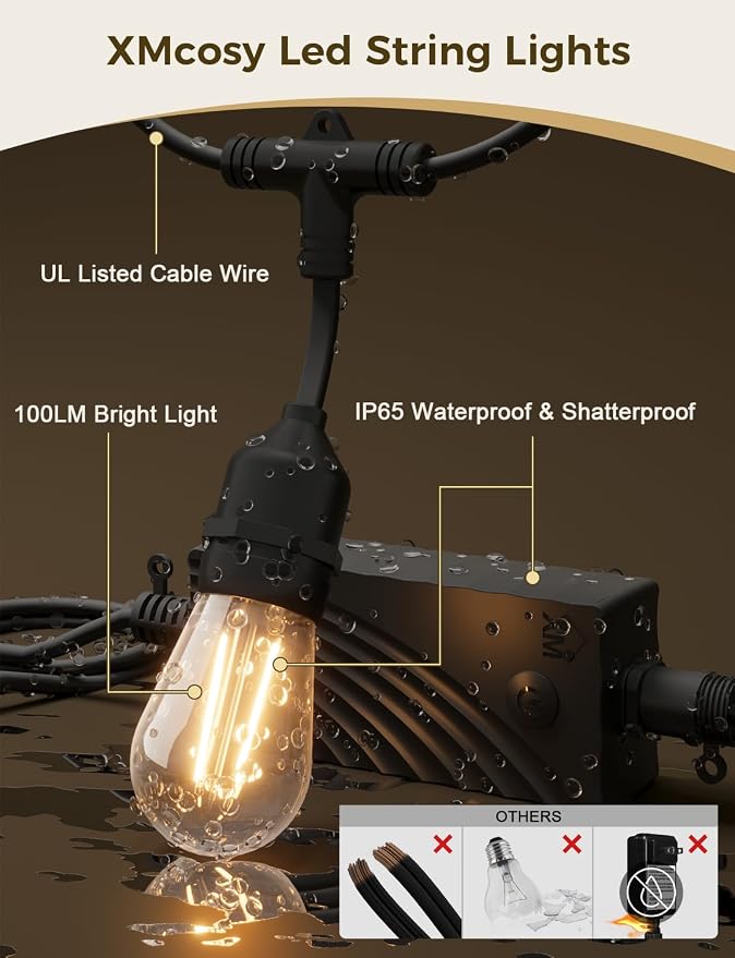 XMCOSY+ Outdoor String Lights, 49FT Smart Dimmable Edison Bulb Patio Lights | Smart App & Voice Control LED String Lights, Custom Schedules, Dimming, Warm White Light for Outside, Yard,Porch, Warerproof