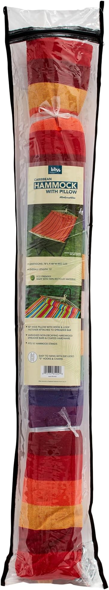 Bliss Hammocks Caribbean Hammock, 48 Inch Wide Bed with Detachable Pillow & Zinc-Coated Hardware - 265 Pound Capacity, Tequila Sunrise