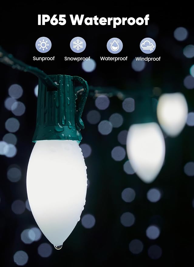 Vintage C9 Christmas Lights Outdoor, 100Ft 50 LED Pure White String Lights | Waterproof Shatterproof Connectable Christmas Tree Lights for House Outside Roofline Patio Yard Home Xmas Decorations
