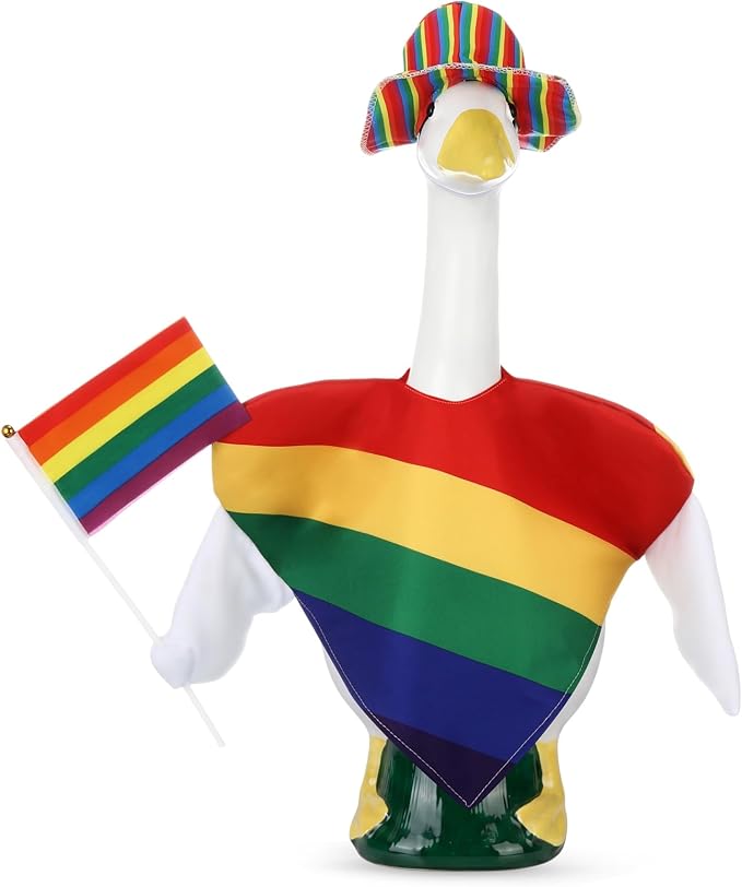 Rainbow Pride Porch Goose Outfit for LGBTQ Pride Month Goose Dress Clothes with Stripes Top Hat and Flag Costume for 23" Gooses Statue Decoration Patio Yard Garden Lawn Outdoor Decors