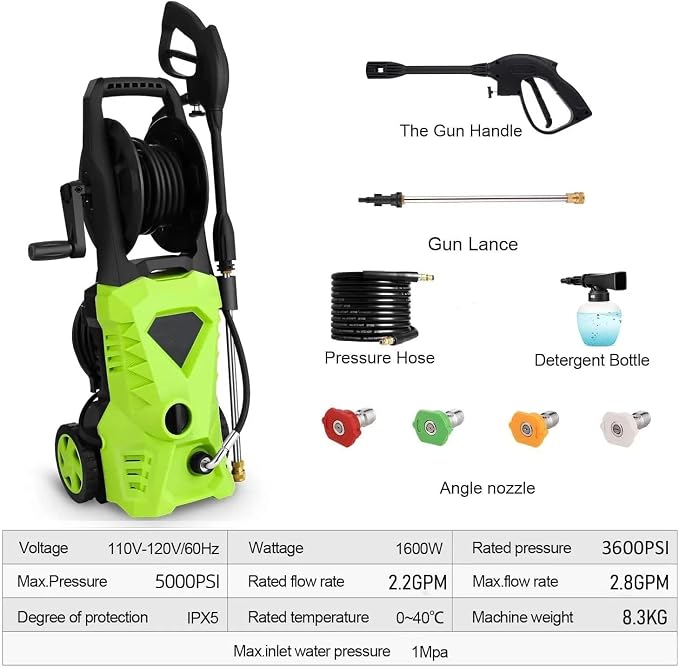 5000PSI Electric Pressure Washer 2026 2.8GPM High Power Washer with 33ft Hose Reel,4 Nozzle,and Soap Bottle for Cars/Home/Driveways/Patios/Fences,Green