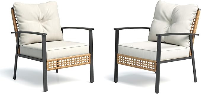 LAUSAINT HOME Outdoor Rattan Bistro Set, Patio Furniture Wicker Chairs Set of 2 with Deep Seating and Thick Cushions, Oversize Conversation Set for Garden, Balcony and Backyard (Beige)