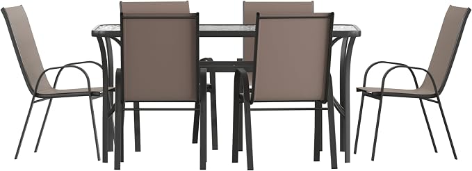 Merrick Lane Bardwell 7-Piece Outdoor Dining Table Set for 6, Glass Top Table with Hole for Umbrella, 6 Breathable Textilene Stackable Patio Chairs, Brown/Black