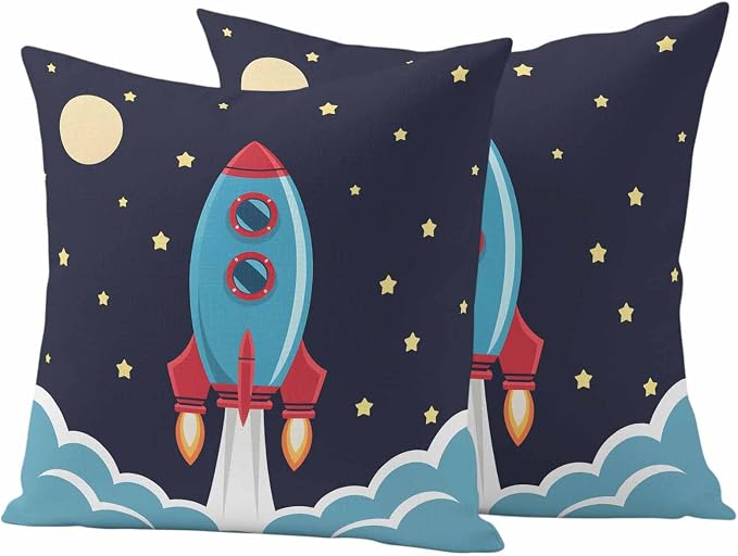 Rocket Stars Outdoor Waterproof Throw Pillow Covers Set of 2, 26"x26", Moon Sky Cartoon Space Craft Decorative Pillow Covers Outside Cushion Case for Patio Porch Garden