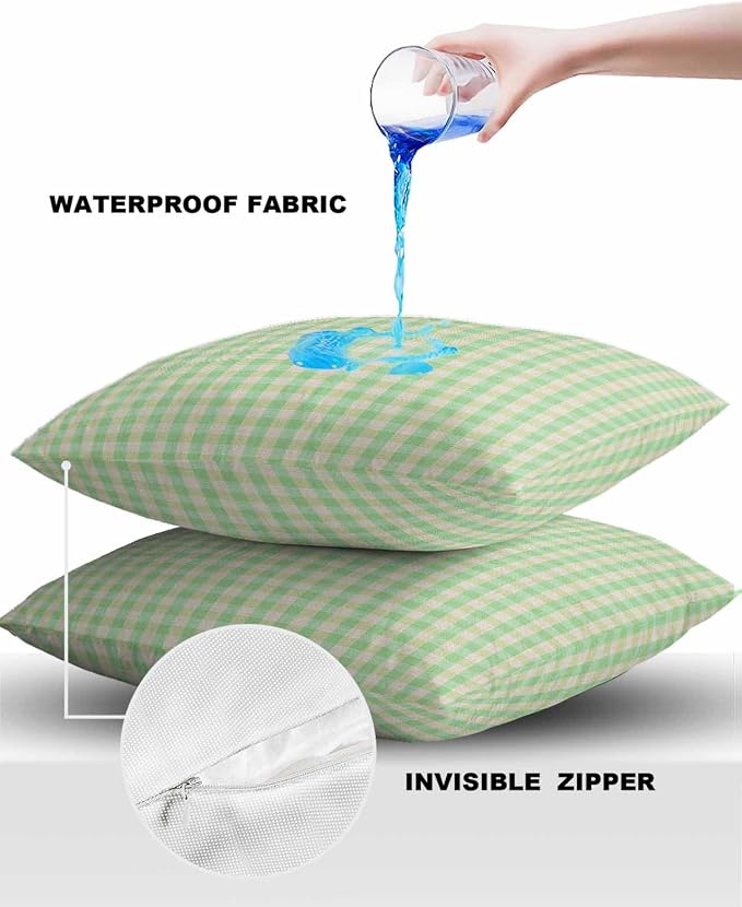Outdoor Waterproof Throw Pillow Covers Set of 2 Green Buffalo Plaid Pillowcases 18x18 Inches Linen Classic Checked Patio Decorative Pillows Cushion Case Patio Pillows for Couch Bed Chair Garden