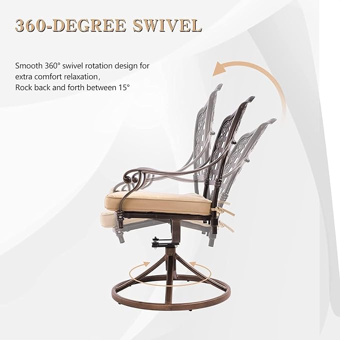 Grepatio 7 Piece Cast Aluminum Outdoor Dining Set, Patio Furniture Set with 2“ Umbrella Hole and 4 Chair & 2 Swivel Chairs with Cushions, Dining Furniture Set for Porch Poolside Garden (Khaki Grid)