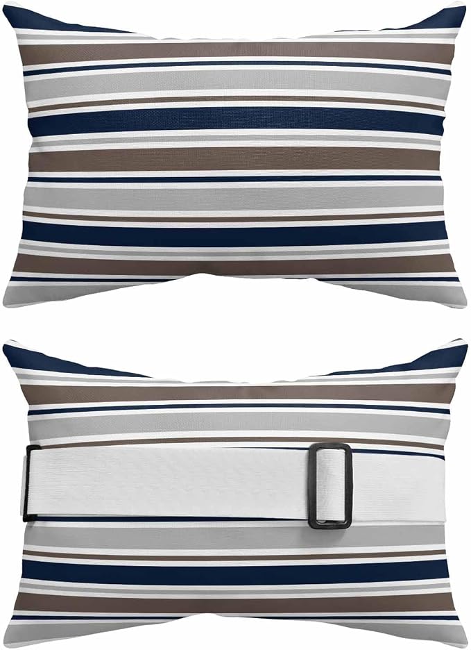 Pack of 4 Outdoor Lumbar Pillow Covers 12x20 Inch, Grey Navy Blue Striped Waterproof Throw Pillow Covers Set, Farmhouse Stripes Modern Abstract Art Outside Decorative Cushion Cases for Patio Porch Car