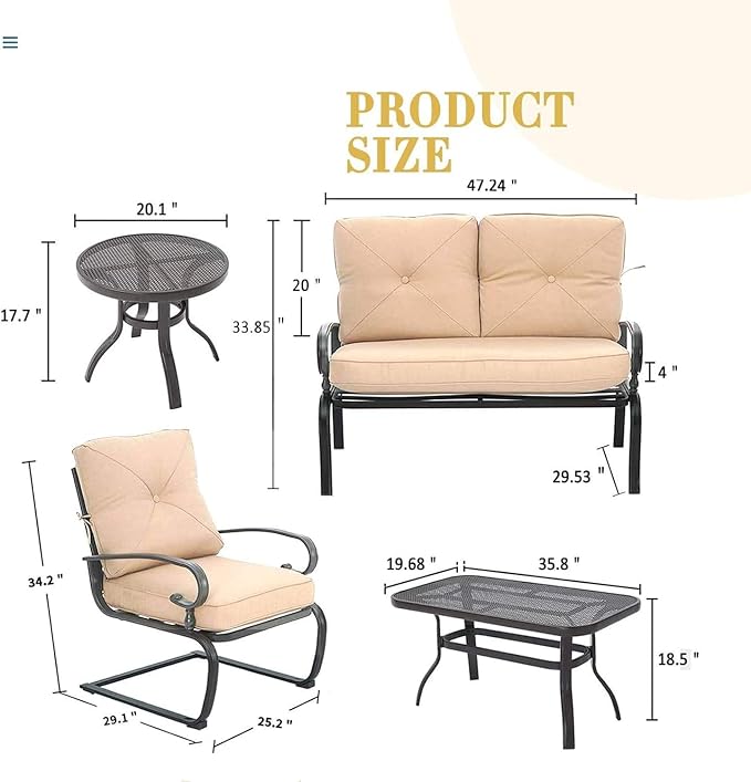 Skiway Outdoor Metal Funiture Set 5Pcs Patio Conversation Set Loveseat, 2 Spring Chairs with Coffee Table and Brown Cushions, Wrought Iron Look