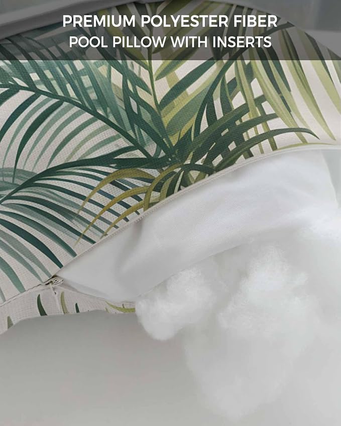 Outdoor Lumbar Pillows with Strap & Insert Green Palm Leaves Recliner Head Pillow Pack of 2 Tropical Leaf Plant Waterproof Headrest Patio Lounge Chair Pillows for Beach Pool Office Chaise Chair 11x16