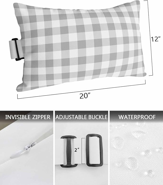 Pack of 4 Outdoor Lumbar Pillow Covers 12x20 Inch, Grey Plaid Waterproof Throw Pillow Covers Set, Gradient Geometric Buffalo White Checkered Indoor&Outdoor Cushion Cases for Patio Porch Beach