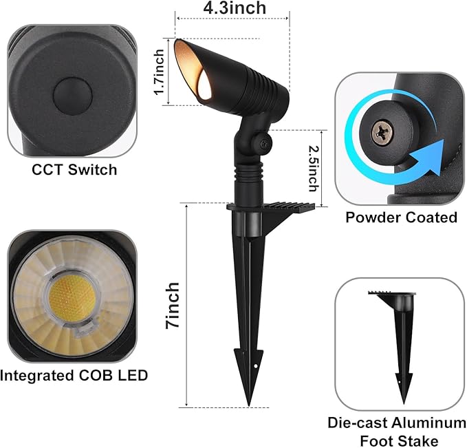 Mini Low Voltage Spot Lights Outdoor, 5W 12V LED Landscaping Spot Lights Wired for Outdoor Uplighting Yard Garden Tree House, 60° Beam Angle, 2200K/2700K/3000K/4000K /5000K, Black, 6PK
