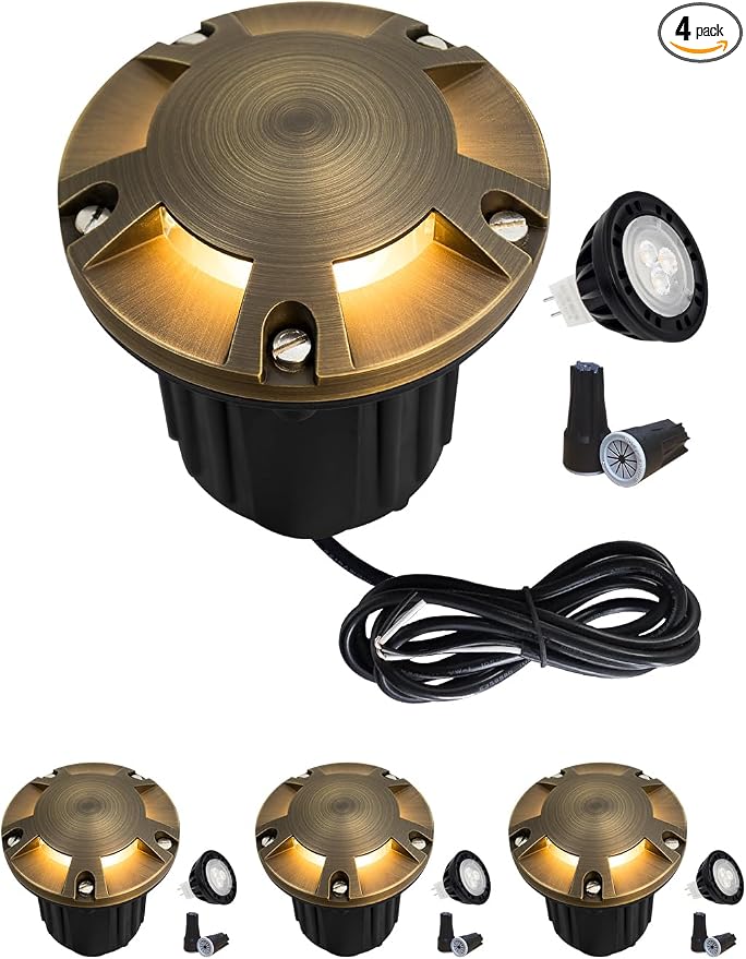 MALORY Brass Top Cover Landscape Well Lights,(φ126 mm) 12V Low Voltage Outdoor In Ground Lights,Landscape Lighting for Pathway, Driveway, Garden (Five-Direction Turret, 4-Pack with Bulb)