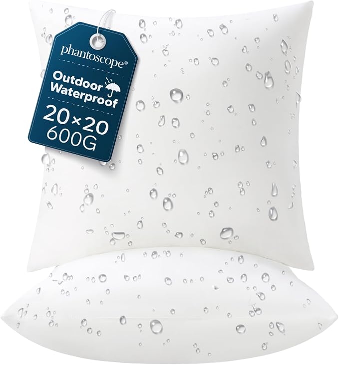 Phantoscope 20x20 Outdoor Pillow Inserts, Pack of 2 Waterproof Outdoor Pillows, Premium Water Resistant Throw Pillows, Square Form Couch Sham Cushion for Patio Patio and Porch Furniture, 20 Inches