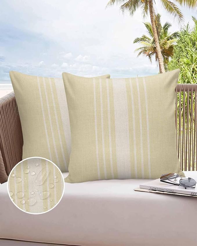 Vandarllin Outdoor Throw Pillows Covers 18x18 inch Set of 2 Waterproof Cream Vertical Stripes Decorative Zippered Cushion Covers for Patio Furniture, Classic Striped Linen Lumbar Pillowcases