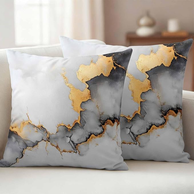 Abstract Marble Texture Outdoor Waterproof Throw Pillow Covers Set of 2, 20"x20", Grey White Gradient Gold Crack Art Decorative Pillow Covers Outside Cushion Case for Patio Porch Garden