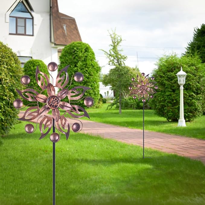 VEWOGARDEN 2PCS Outdoor Wind Spinner,Metal Wind Spinners Yard Decor Pinwheel,Copper Wind Sculptures & Spinners for for Garden, Patio, Lawn(10" Dia * 37" H)
