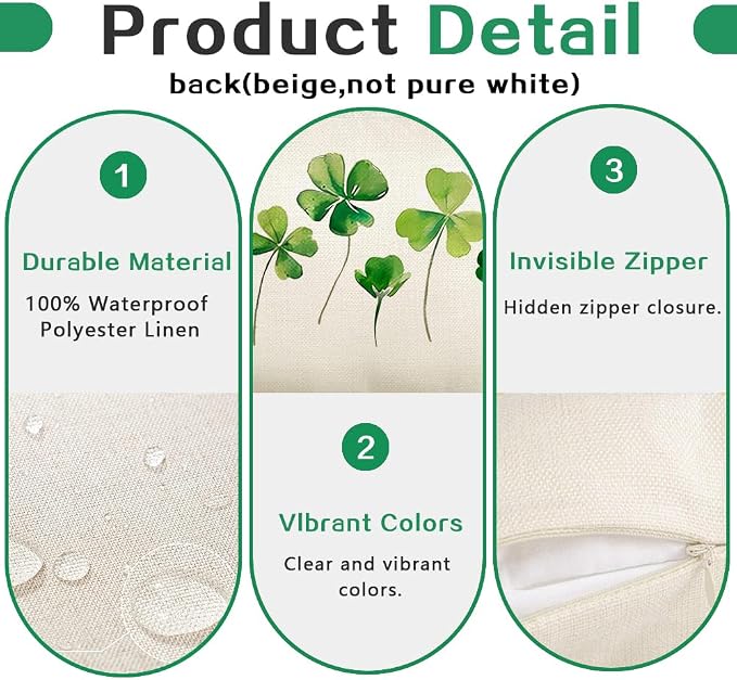 RABUSOFA St Patricks Day Clovers Pillow Covers 12x20 Inch Waterproof for Outside, Shamrock White Outdoor Farmhouse Indoor Spring Lumbar Cushion Cases Decoration for Sofa Couch (White, 12" x 20")