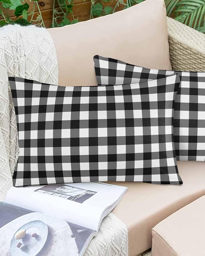 Outdoor Waterproof Throw Pillow Covers Set of 2 Black White Buffalo Plaid Lumbar Pillowcases 20x12 Inches Pastoral Checked Decorative Pillows Cushion Case Patio Pillows for Couch Bed Chair Garden