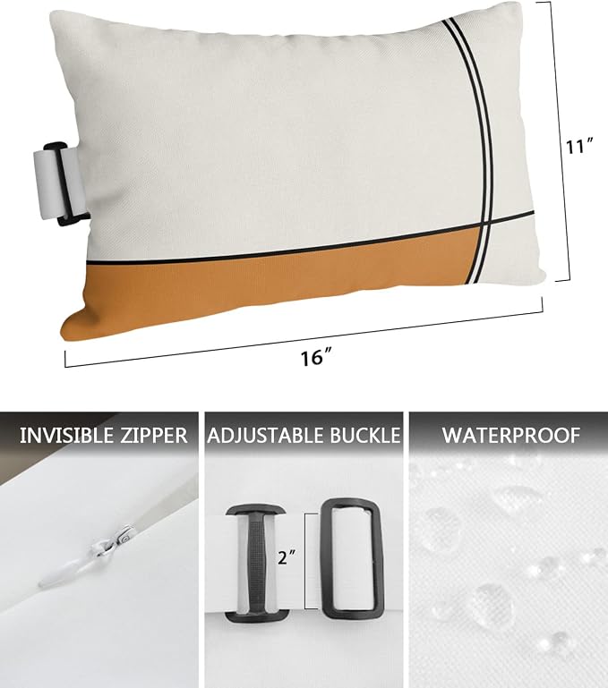 Outdoor Pillows Covers with Inserts Abstract Gemoetric Art Orange Color Block Waterproof Recliner Pillow with Adjustable Strap Throw Pillows for Patio Furniture Pool Lounge Chair, 11x16 inch, 2PCS