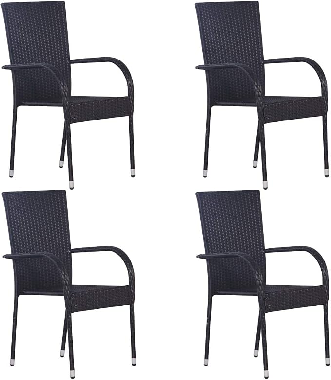 5 Piece Patio Dining Set, Outdoor Wicker Table and 4 Stackable Chairs, Weather-Resistant Poly Rattan Furniture for Garden, Backyard, Poolside, Black