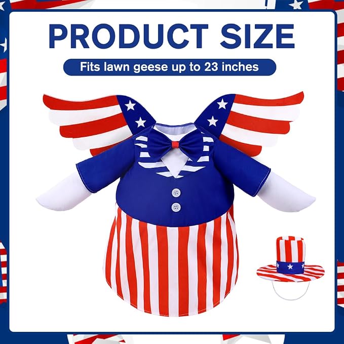 4th of July Patriotic Porch Goose Outfits with Wings for 23" Porch Goose Independence Day Goose Costume USA 250th Anniversary Outdoor Patio Yard Lawn Garden Decoration