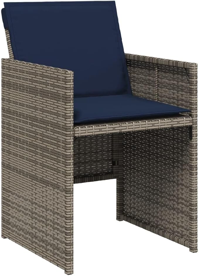 7 Piece Outdoor Patio Dining Set with Cushions Grey Poly Rattan Folding Chairs Tempered Glass Table for Garden Backyard Deck Entertaining 6 Seats