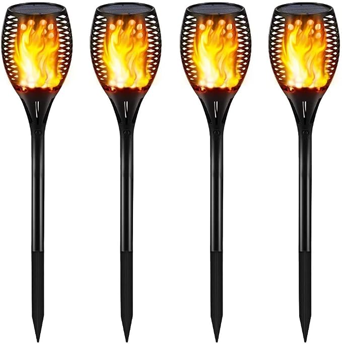 Gold Armour Solar Lights Outdoor - Flickering Flames Torch Lights Solar Light 42.9in Tall, Waterproof Dancing Flame Lighting 96 LED Dusk to Dawn Flickering Tiki Torches Outdoor Garden (4Pack)