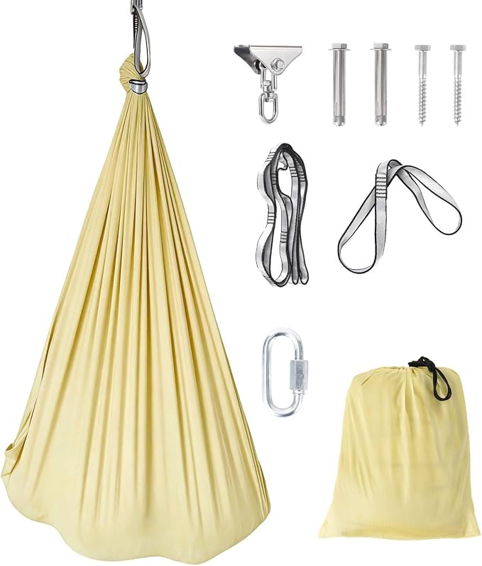 GarveeLife Dual-Layer Cotton Sensory Hammock Swing for Kids & Adults, Calming Compression Therapy, 360° Swivel, Adjustable Height, Indoor & Outdoor Use, 300 lbs Capacity, Light Yellow