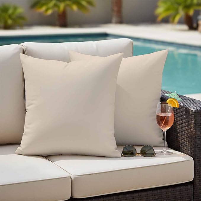 Outdoor Pillow Covers 18 x 18 Inches, Beige Pure Color Waterproof Throw Pillow Cover Set of 2, Aesthetics Contemporary Modern Decorative Square Cushion Covers for Patio/Couch/Garden