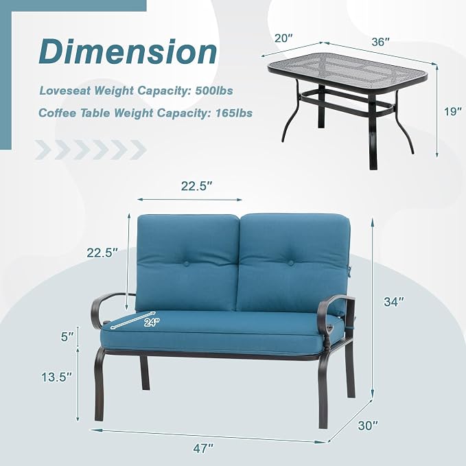 Oakcloud 8Pcs Metal Outdoor Furniture Patio Conversation Set (4 Spring Chairs, Loveseat, Bistro Table, 2 Coffee Tables) - Wrought Iron Patio Chair Set with Cushions (Blue)