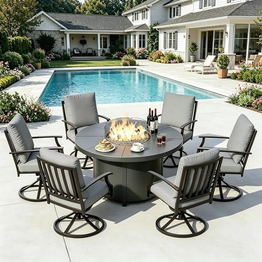 ALAULM 7-Piece Outdoor Dining Set for 6 Metal Outdoor Patio Furniture with 6 Swivel Chairs & 40000 BTU Round Fire Pit Table for Patio, Backyard, Garden-Grey