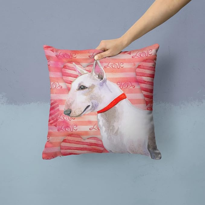 Caroline's Treasures BB9780PW1414 Bull Terrier Love Fabric Decorative Pillow, Red Machine Washable, Indoor Outdoor Decorative Pillow for Couch, Bed or Patio, 14Hx14W