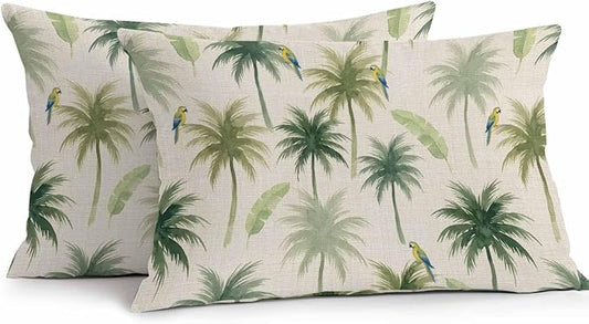 Yukro Summer Palm Tree Parrot Outdoor Waterproof Pillow Covers Pack of 2, Tropical Green Leaf Bird Retro Throw Pillowcases Decorative Cushion Covers for Garden Patio Tent Sofa Couch, 20x12 inch